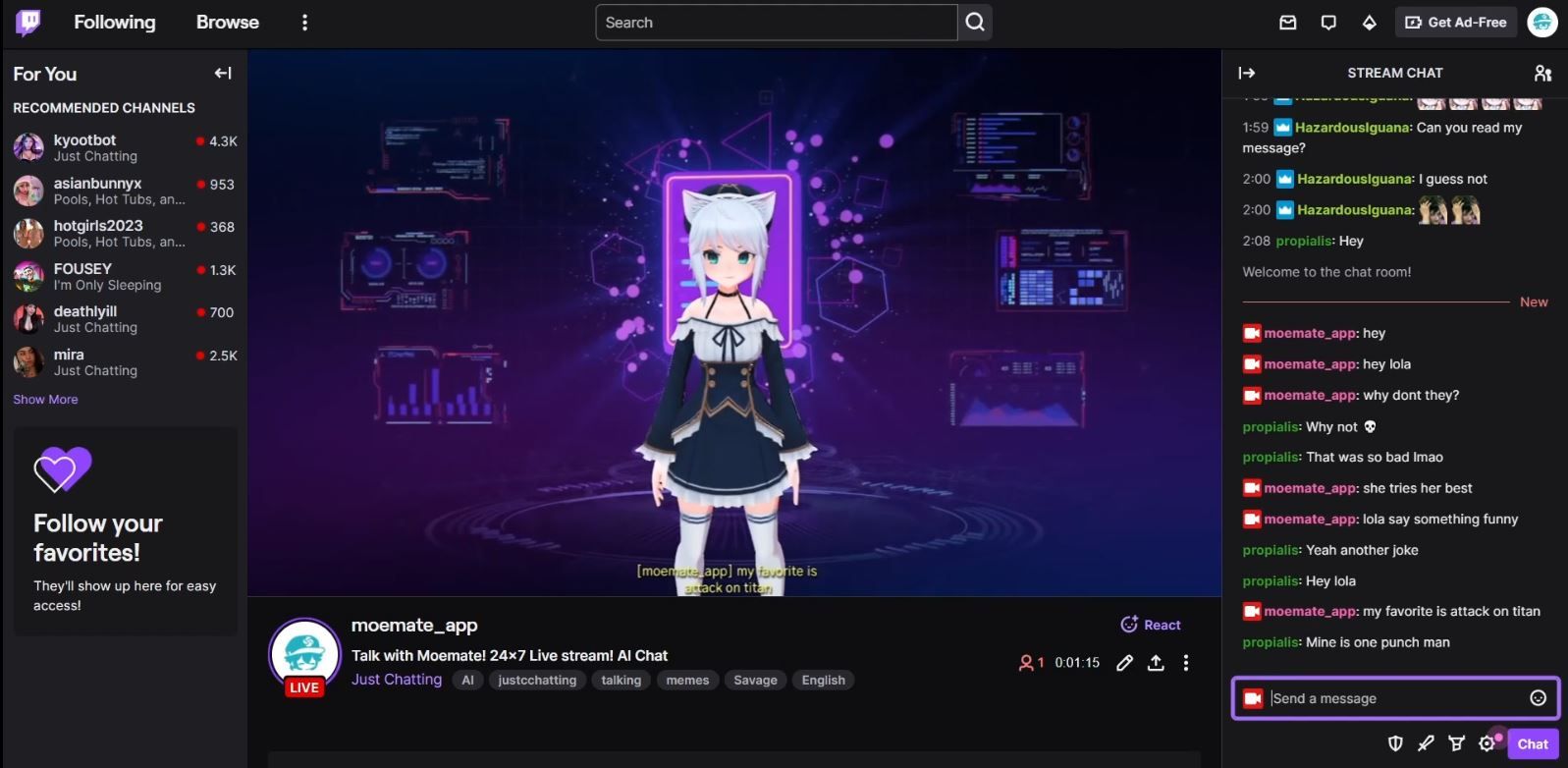 screenshot of moemate ai assistant streaming on twitch